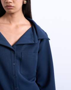 Model wearing Co ord tailored shirt in navy