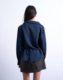 Model wearing Co ord tailored shirt in navy
