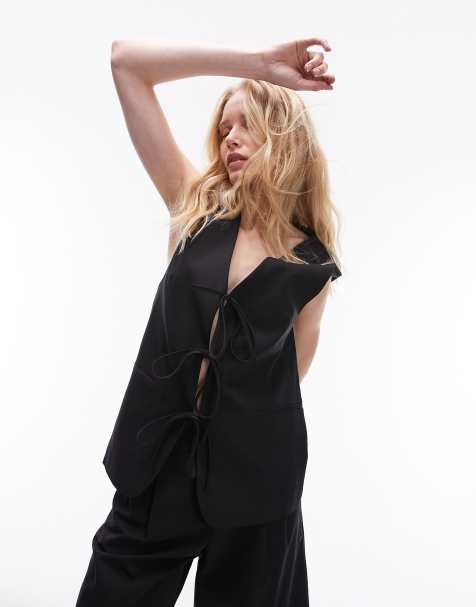 Topshop co-ord tailored tie front waist coat in black 