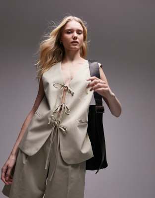 Topshop Topshop co-ord tailored tie front waist coat in sand-Neutral