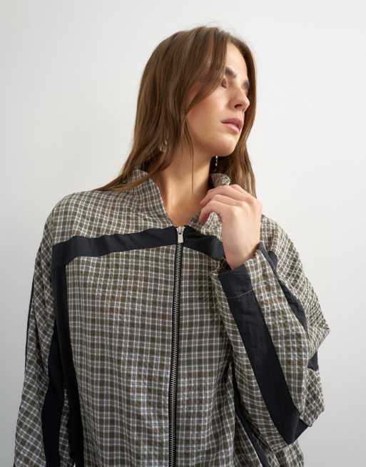 Topshop co-ord techy long sleeved zip through top in green check, 3 of 4