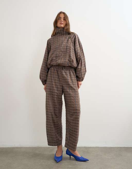 Topshop techy pants and funnel neck bomber jacket set in brown check, 3 of 3