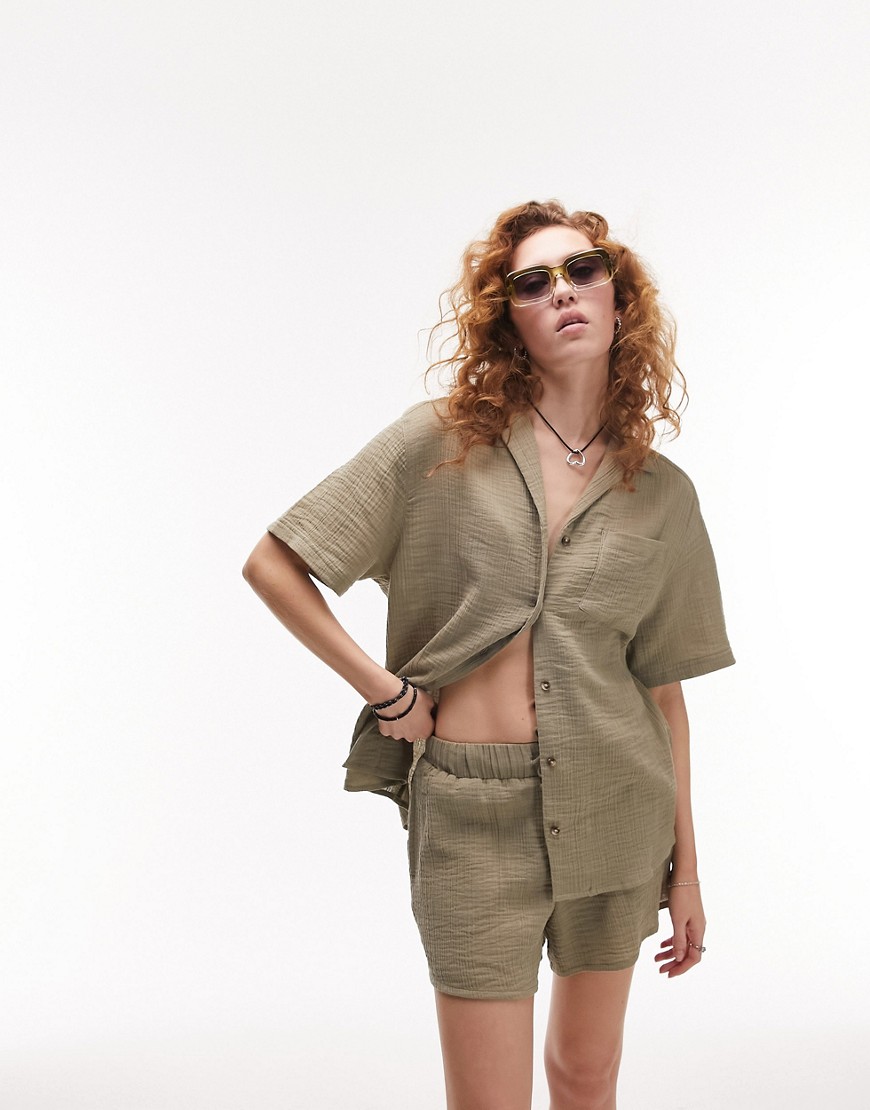 Topshop co-ord textured cheesecloth short sleeve shirt in khaki-Green