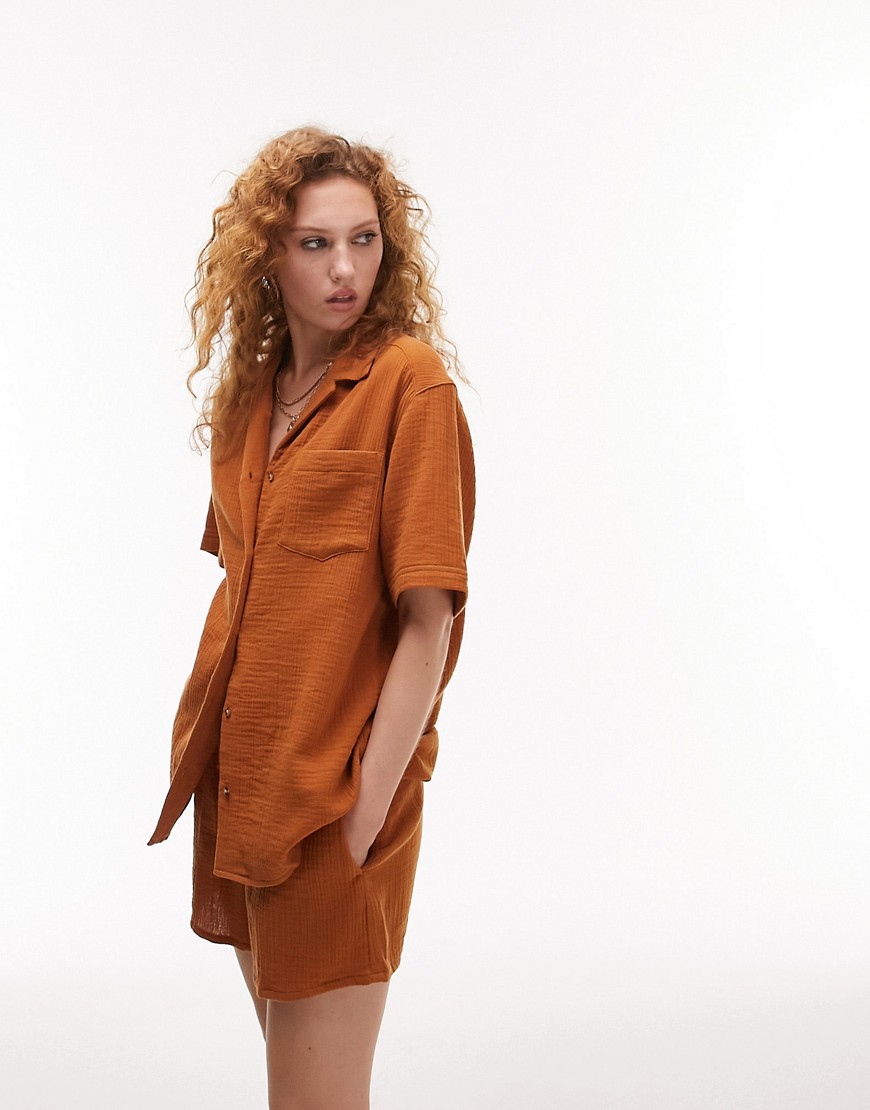 Topshop co-ord textured cheesecloth short sleeve shirt in rust-Orange