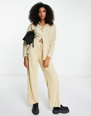 Topshop co-ord textured plisse straight leg trouser in stone