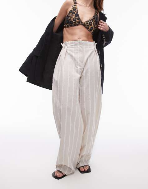 Topshop co-ord textured stripe detail wide leg trouser in neutral - view 1