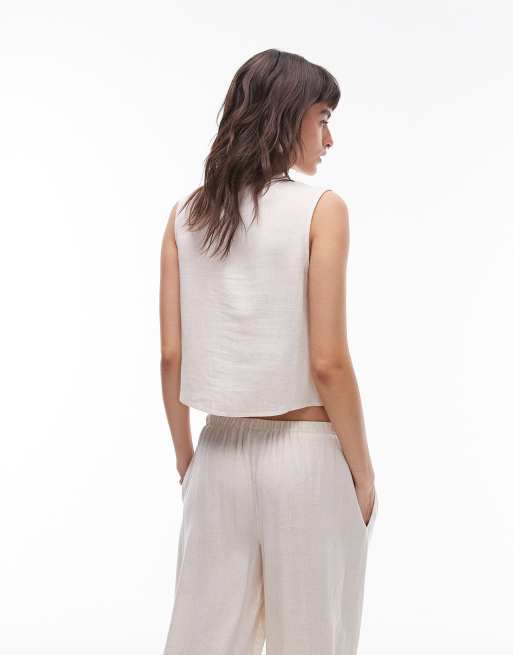 Topshop co-ord tie front linen waistcoat in beige, 3 of 4