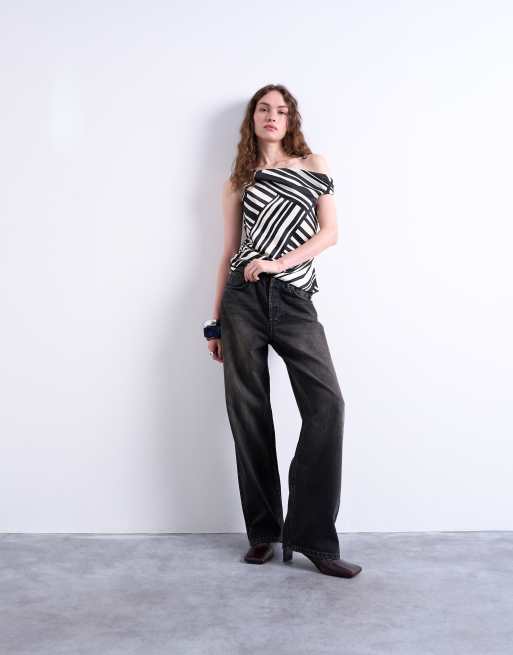 Topshop co-ord twist shoulder bardot top in satin mono stripe, 4 of 4
