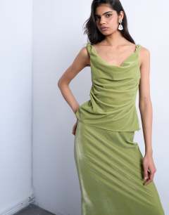 Co-ord twist shoulder velvet cami in avocado