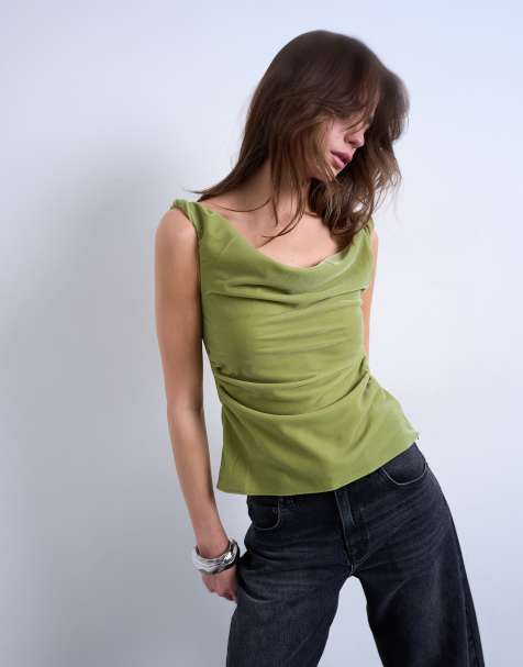 Topshop co-ord twist shoulder velvet cami in avocado