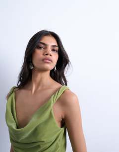 Model wearing Co-ord twist shoulder velvet cami in avocado