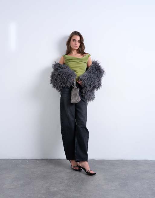Topshop co-ord twist shoulder velvet cami in avocado, 2 of 4