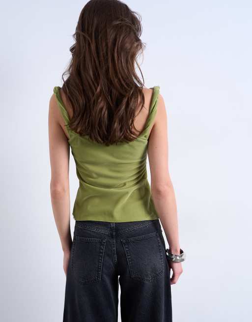 Topshop co-ord twist shoulder velvet cami in avocado, 4 of 4