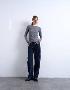 Model wearing Co ord velvet barrel leg seam detail trouser in navy