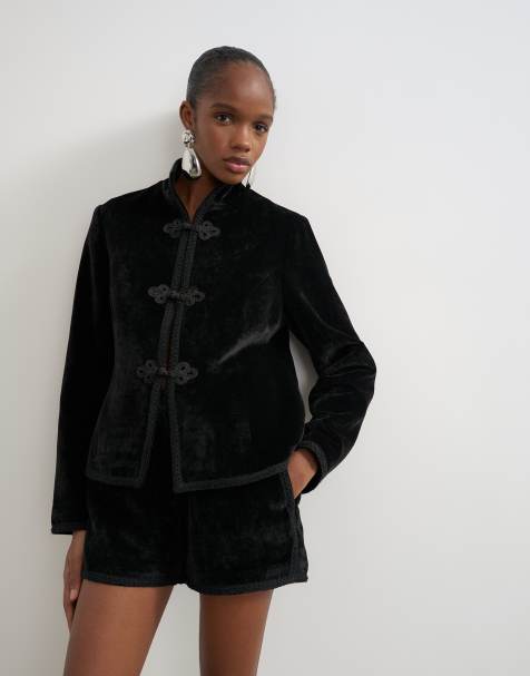Topshop co-ord velvet knot detail jacket with nero collar in black - view 1