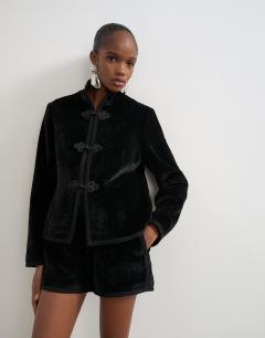 Co-ord velvet knot detail jacket with nero collar in black