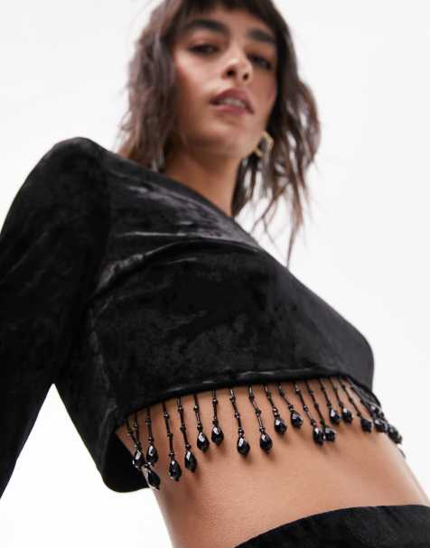 Topshop co-ord velvet long sleeve tassel top in black - view 1