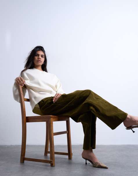 Topshop co ord velvet straight leg seam detail trouser in khaki - view 1