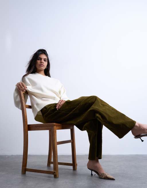 Topshop co ord velvet straight leg seam detail trouser in khaki