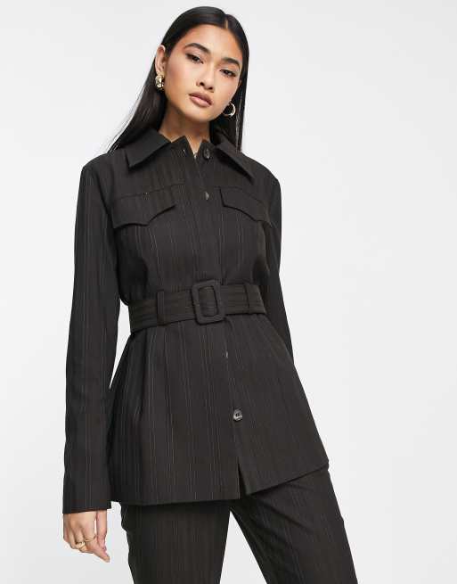 Topshop co ord western belted shacket in chocolate pinstripe 