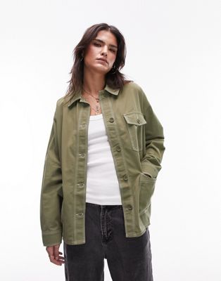 Topshop co-ord workwear shirt jacket with contrast stitch in khaki