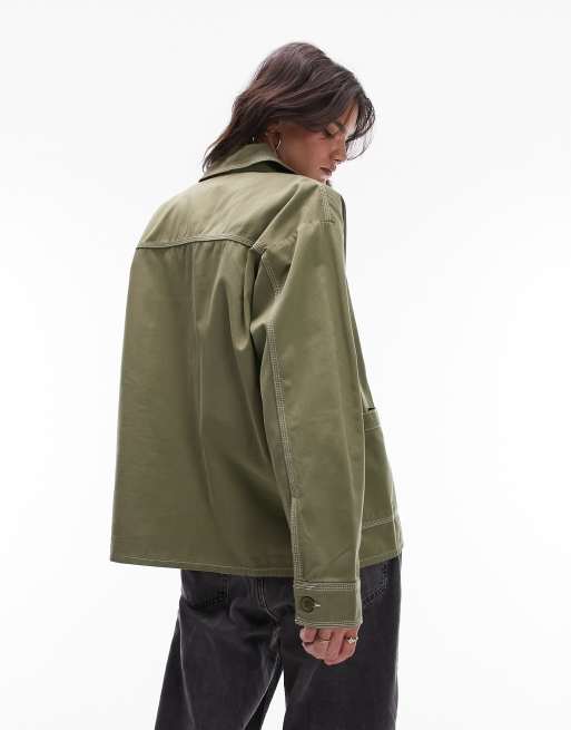 Topshop co-ord workwear shirt jacket with contrast stitch in khaki, 2 of 4