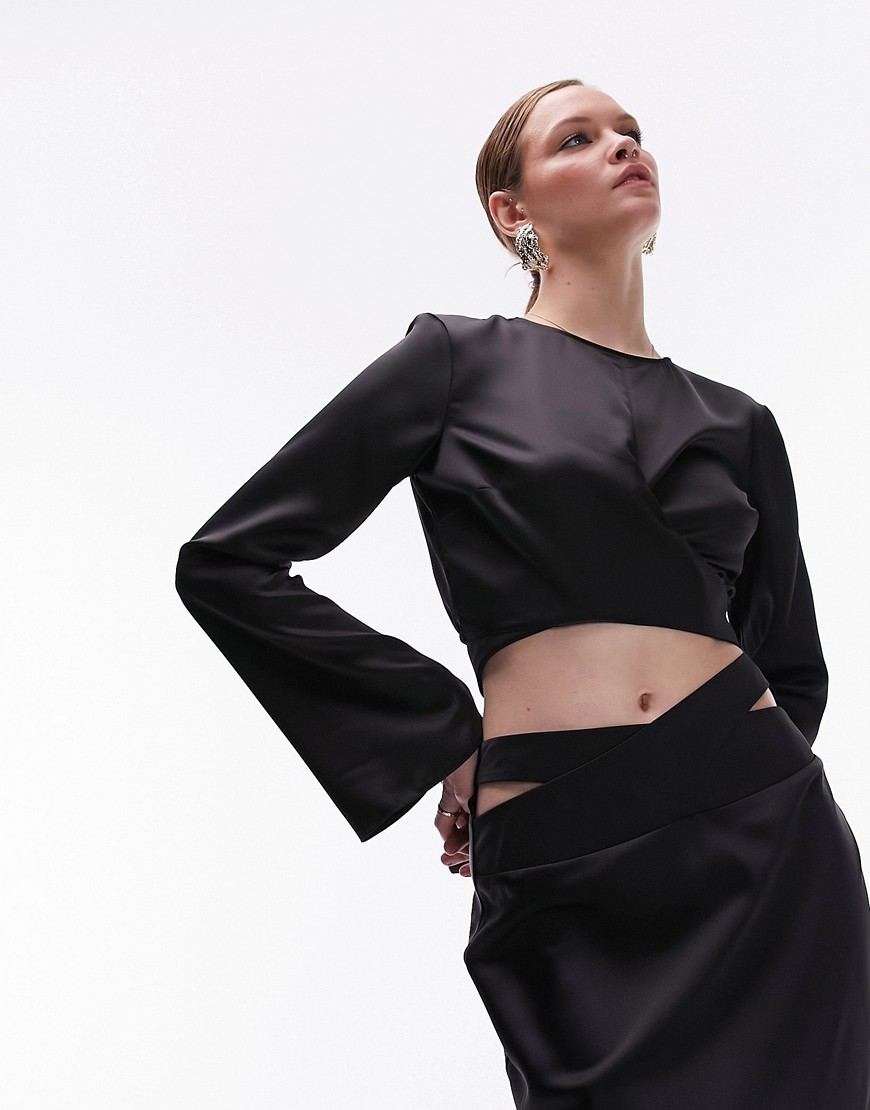 Topshop co-ord wrap waist satin top in black
