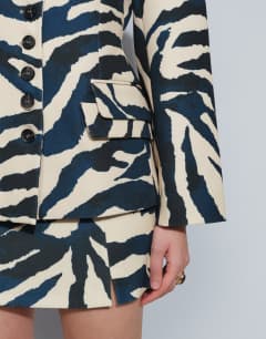 Model wearing Co-ord zebra print high neck blazer in zebra