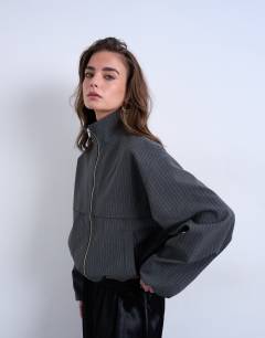 Co rd funnel neck jacket in charcoal stripe