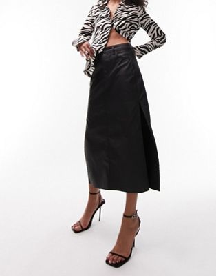 Topshop coated denim midi skirt in black