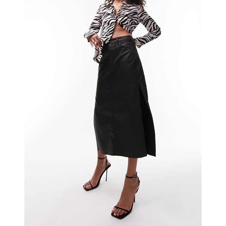 Topshop coated denim midi skirt in black