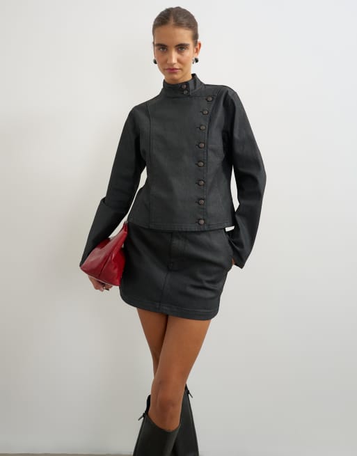 Topshop coated fitted jacket in black, 2 of 4