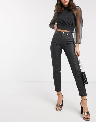 topshop black coated jeans