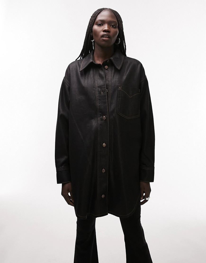 Topshop coated oversized shirt in black