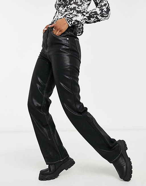 Topshop coated straight wide leg jean in black