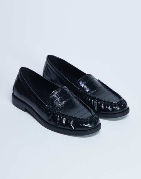 Topshop – Coby – Loafer in Kroko-Schwarz mit geraffter Zehenpartie - view 1