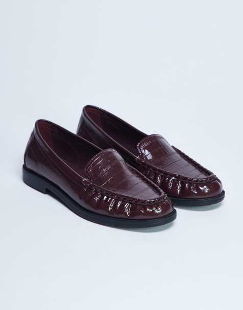 Topshop – Coby – Loafer mit Kroko-Struktur in Burgunderrot und geraffter Zehenpartie - view 1