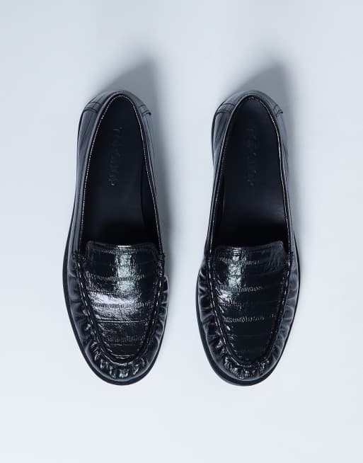 Topshop Coby ruched toe croc loafers in black