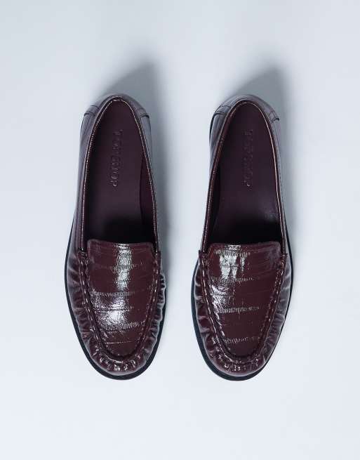 Topshop Coby ruched toe croc loafers in burgundy
