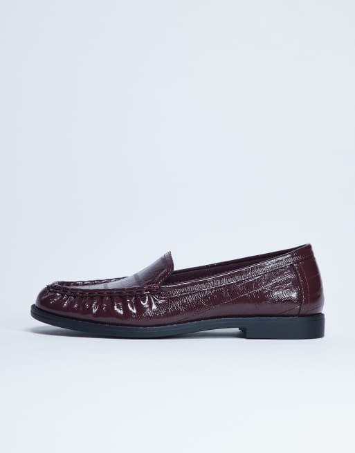 Topshop Coby ruched toe croc loafers in burgundy