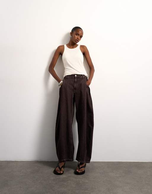 Topshop - Cocoon Barrel - Jeans a vita medio alta color cioccolato