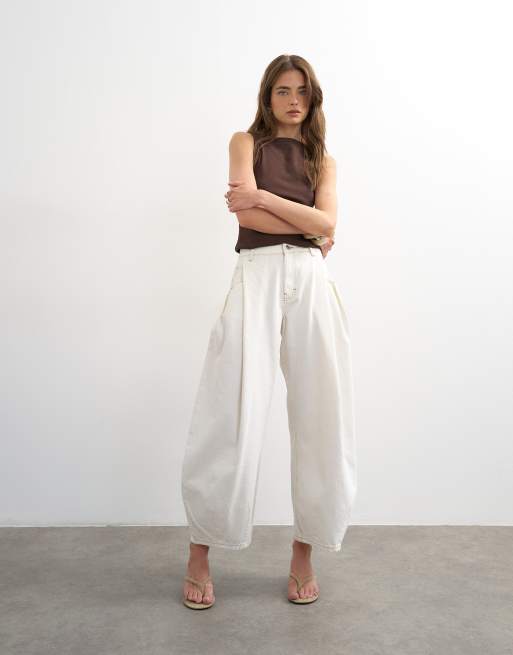 Topshop - Cocoon Barrel - Jeans a vita medio alta color osso, 4 di 7
