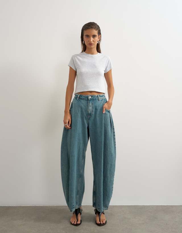 Topshop Cocoon Barrel mid rise jeans in green cast | ASOS