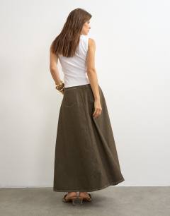 Model wearing Cocoon maxi skirt in khaki