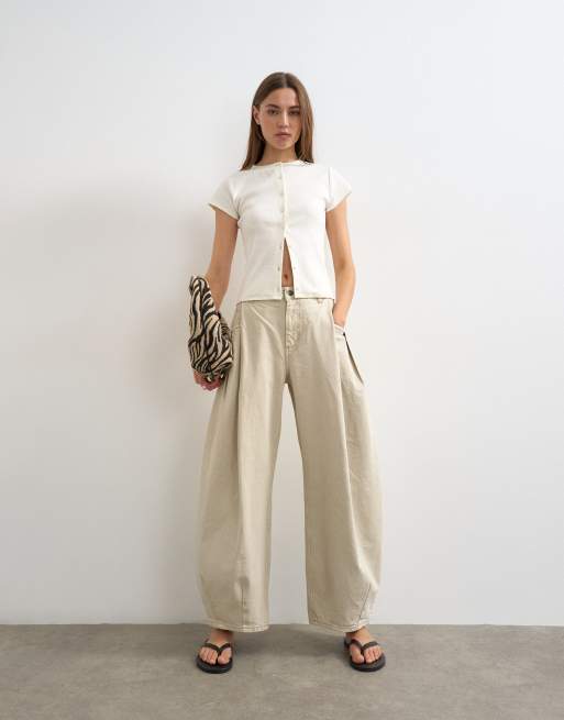 Topshop Cocoon mid rise barrel jean in oat, 3 of 8