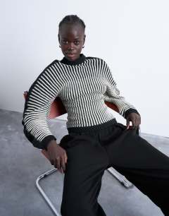 Cocoon plated ribbed jumper in black and white