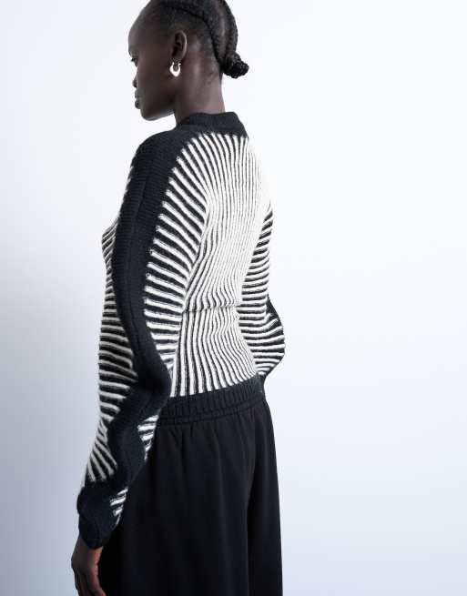 Topshop cocoon plated ribbed jumper in black and white, 3 of 4