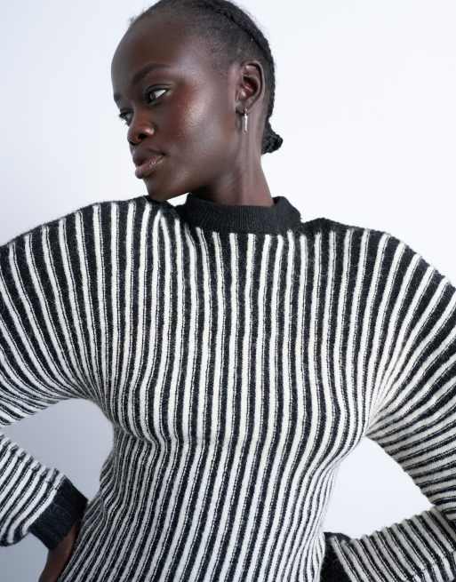 Topshop cocoon plated ribbed jumper in black and white, 4 of 4