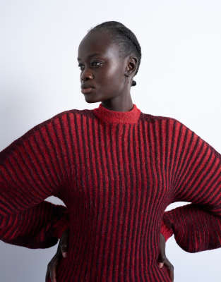 Topshop Women's Red Cocoon Plated Ribbed Jumper In