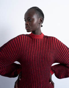 Cocoon plated ribbed jumper in red